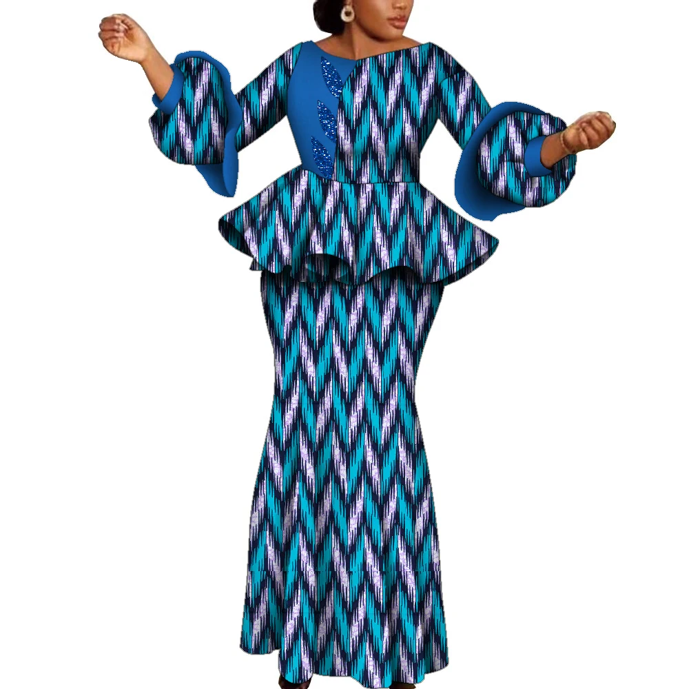 

2 Pcs African Women Wedding Party Clohing Long Sleeve Top Skirt Set with Glitter Decoration Ankara Dashiki Lady Clothes WY2123