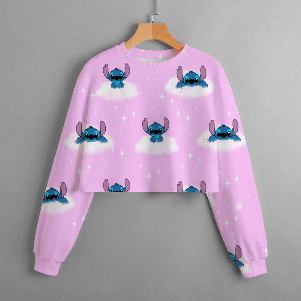 2024 Nieuwe Meisjes Sweatshirt Disney Lilo & Stitch Patroon 3d Geprint Cartoon Print Vrijetijdskleding Korte Trui Met Lange Mouwen