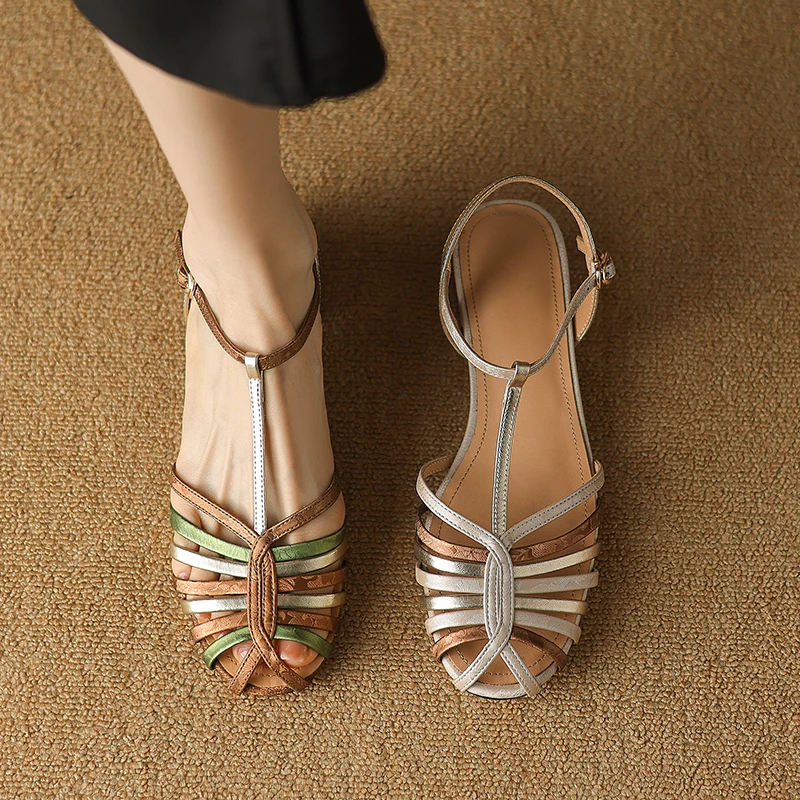 Narrow Band Sandals Spring Vintage Roman Gladiator Shoes Mixed Color Women Sandals  Retro Ladies Closed Toe  Summer Shoes