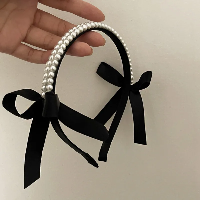 Vintage French Pearls Bow Hair Band for Women Girls 2022 Autumn Winter Korean Elegant Black Classic Hair hoop Hair Jewelry