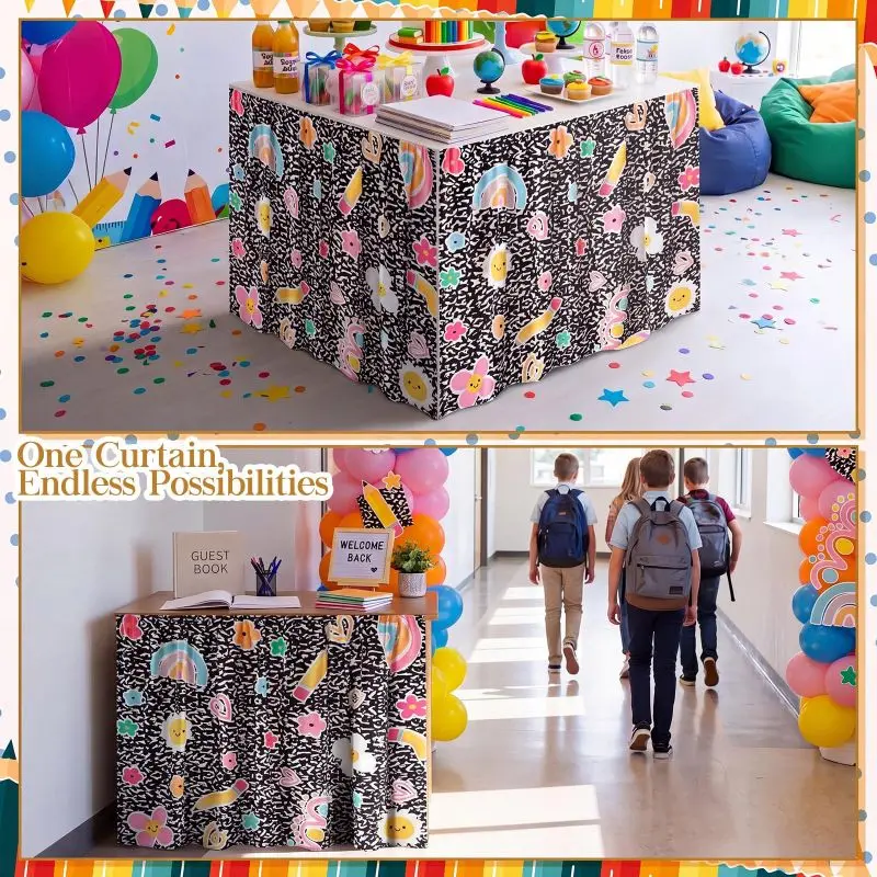 VIKAMA Back To School Cartoon Self Adhesive Cabinet Curtain No Drill Desk Skirt Under Sink Cover Classroom Kitchen Storage Decor - view 6