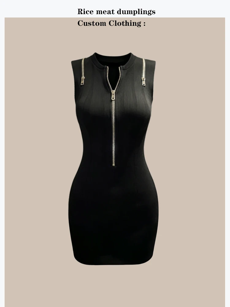 

Black Gold Sharp Metal Zipper Sleeveless Slim Fit Knitted Dress Elegant Ladylike High Elasticity round Neckline