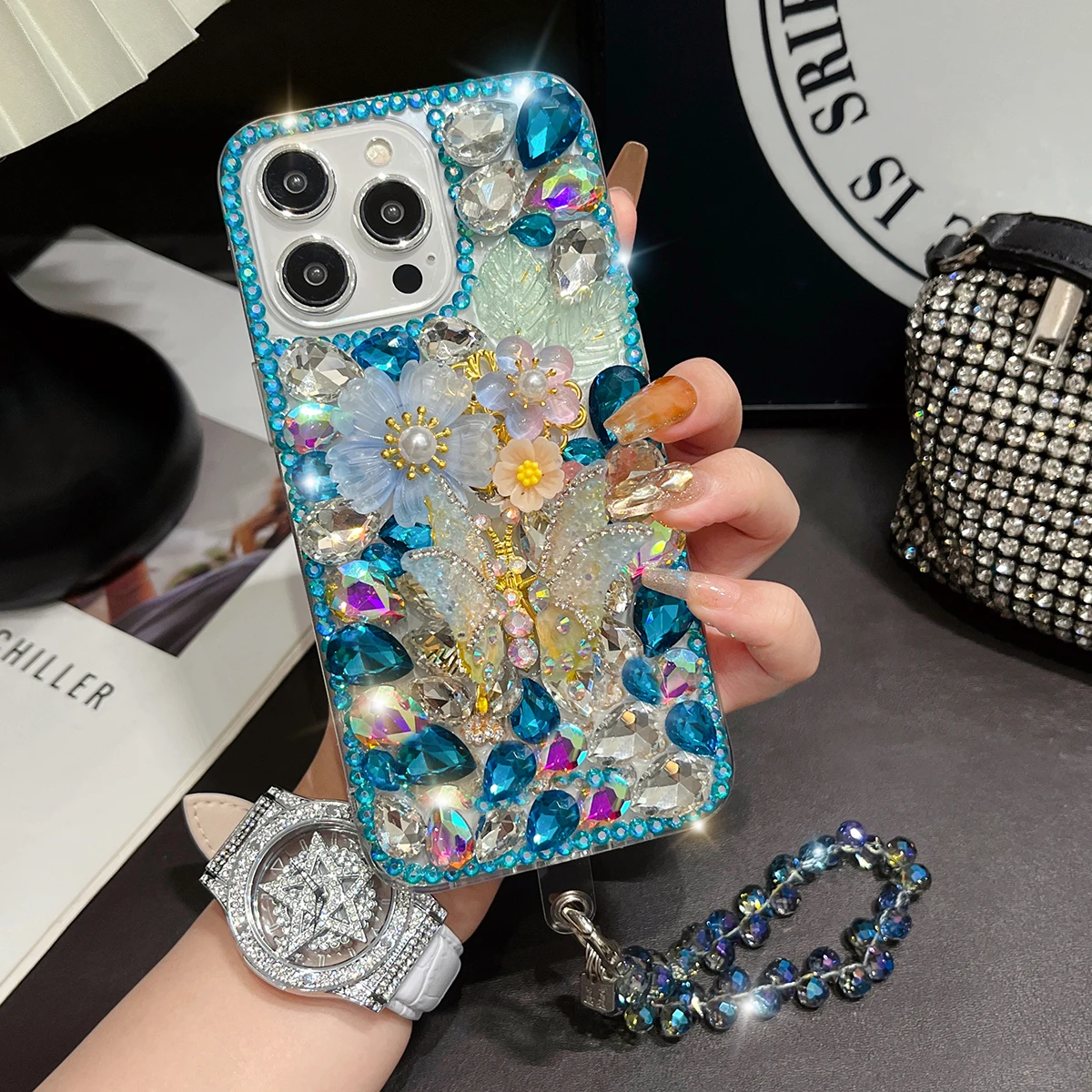 Cute Gems Crystal Butterfly Wrist Phone Case For Samsung Galaxy A55 A16 A54 A52 A06 A32 A12 A22 A02S A21S A73 A53 A55 A35 4G 5G