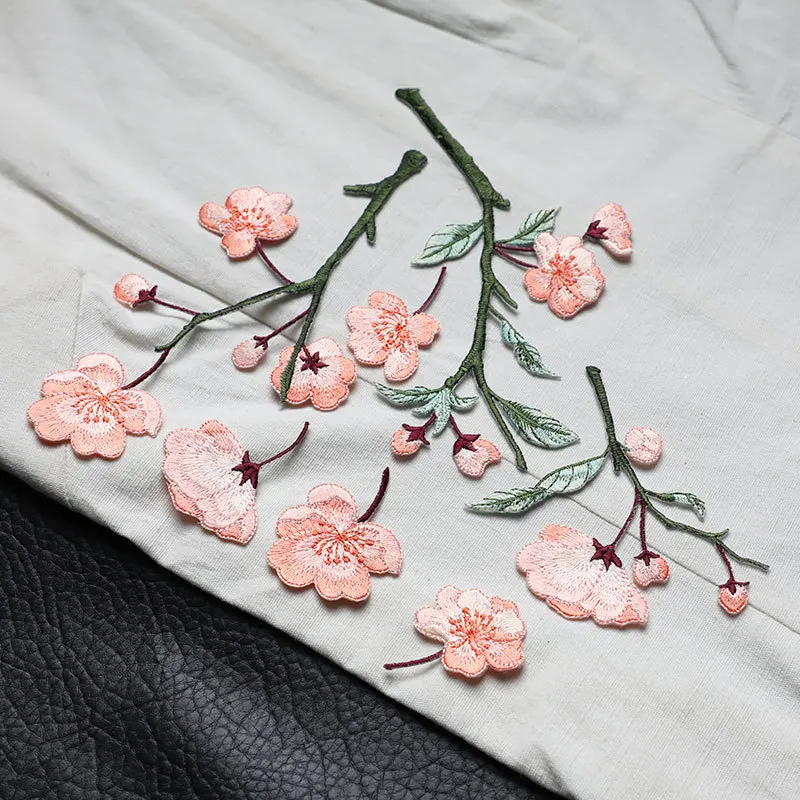 Aufbügelbare bestickte Aufnäher mit Kirschblütenmotiv, 9×8,5 cm / 7,4×15,5 cm / 9×16 cm, gelb-lila-rosa-orange Blumenapplikation für Kleidung