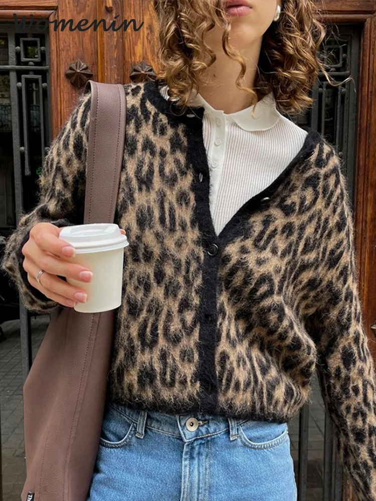 Vintage Leopard Print Mohair Women Cardigans Knitted O-neck Single Breasted Short Sweater 2024 Autumn Lady Casual Streetwear New