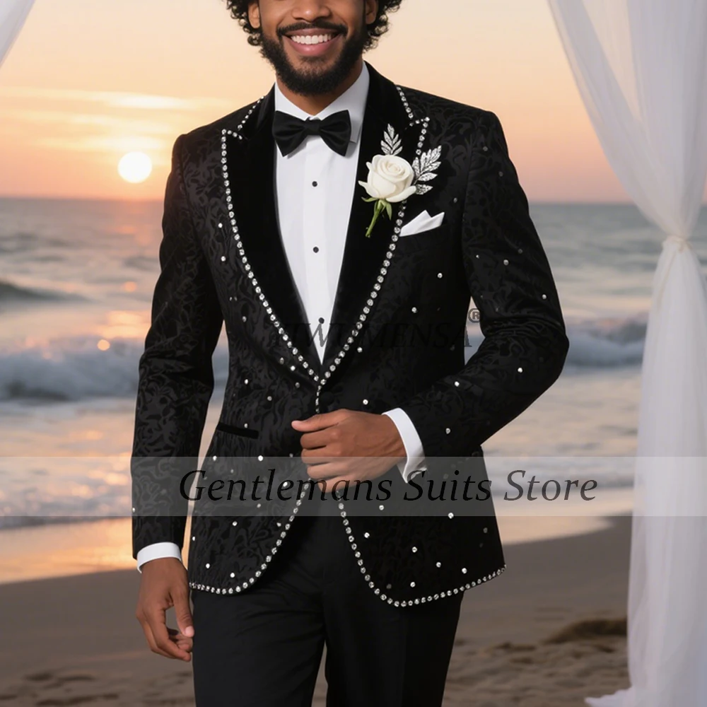 Elegant Beaded Stones Floral Pattern Suits Men For Wedding Single Breasted Prom Tuxedos Customized 2 Pieces Sets Groom Tuxedos
