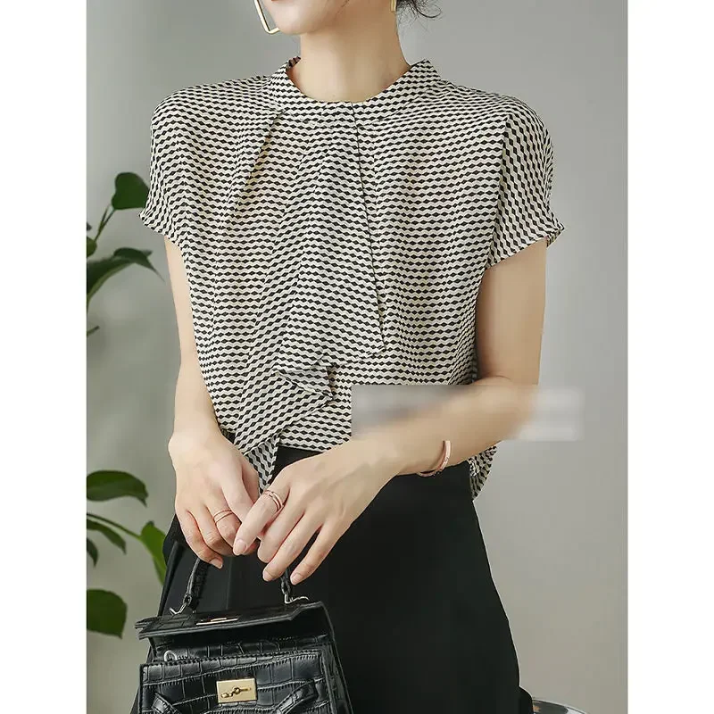 Striped Chiffon Shirt  Women Short-sleeved Fashionable Loose French Chic Feminine Belly Covering Top XQ394