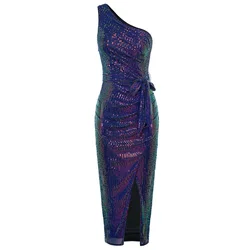 GK Cocktail Dresses For Women Front Slit Shiny Sequined Dress One-Shoulder Temperament Oblique Neck Wrap Hem Midi Dress