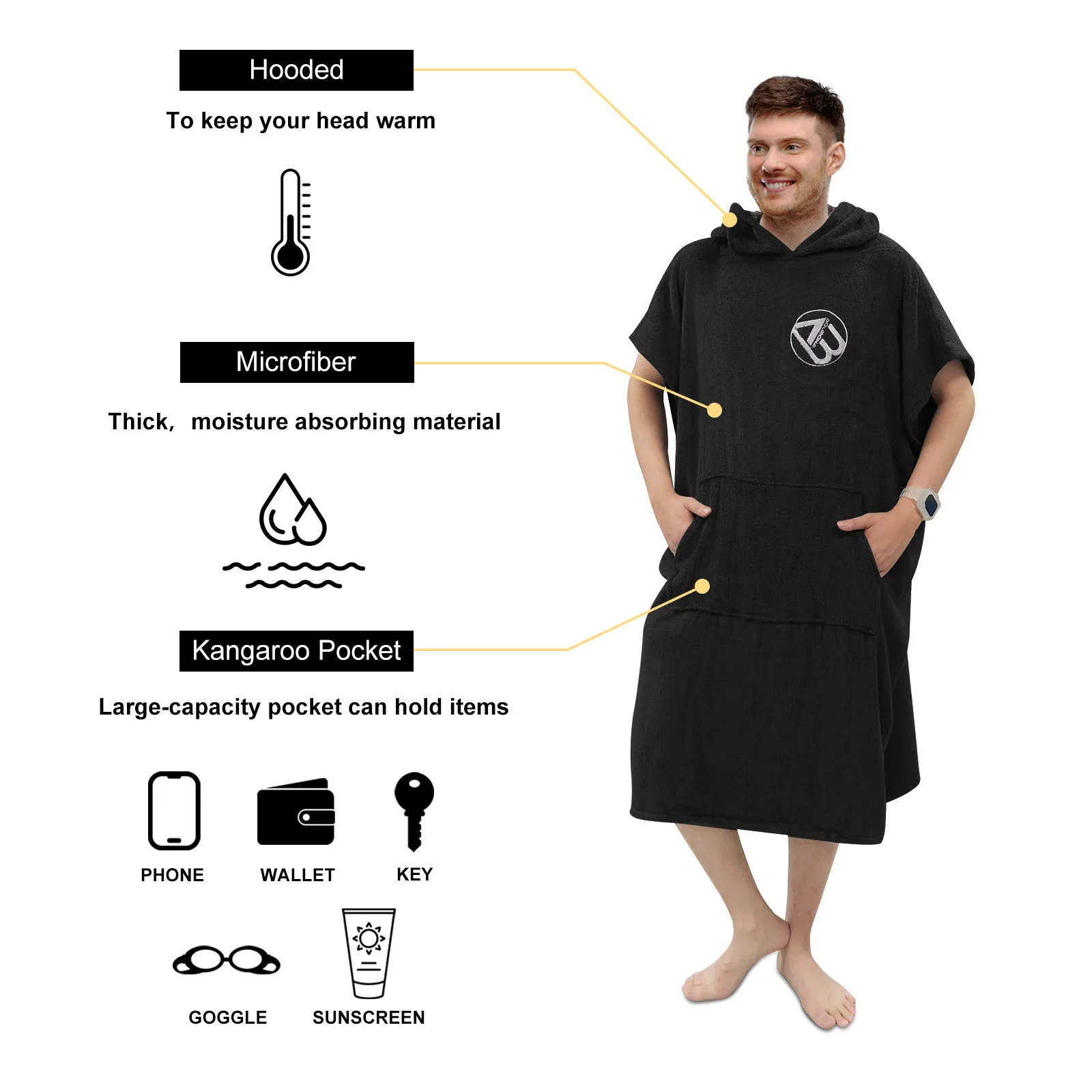 Surf Changing Robe Towel Thick Quick Dry Microfibe Hooded Towel Poncho with Pocket for Surfing Beach Swim Outdoor Sports, Unisex