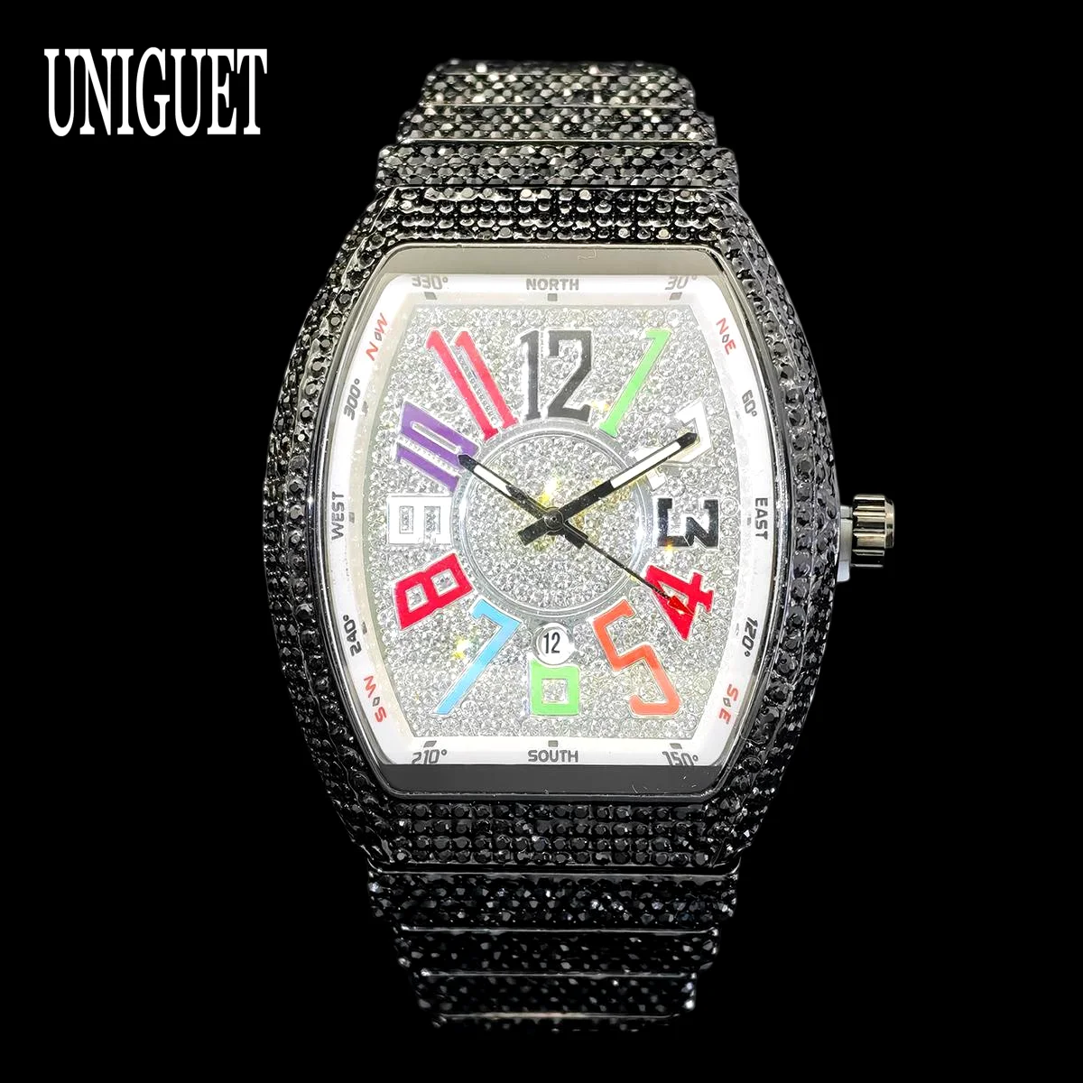 UNIGUET Cool Black Iced Out Watch For Men Fashion Hip Hop Big Dial Full Diamond Color Arabic Tonneau Wristwatch Man 2026 New