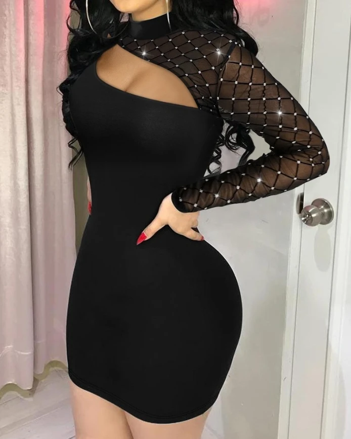 

Glitter Lurex Rhinestone Sheer Mesh Mock Neck Bodycon Slim Fit Mini Dress