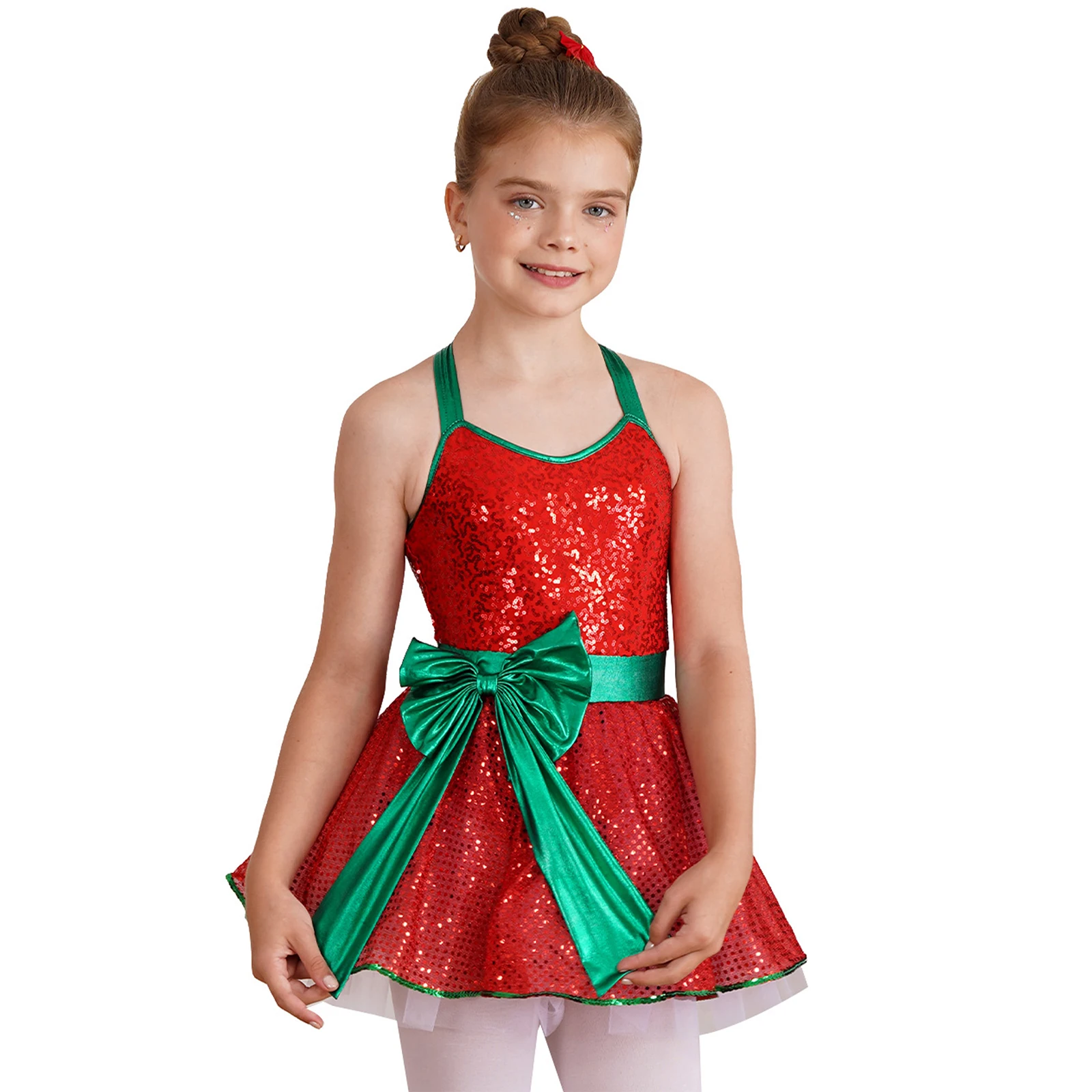 Kids Girls Shiny Sequins Christmas Dance Dress Mrs Santa Claus Costume Sparkle Bowknot Dancing Performance Tutu Dress