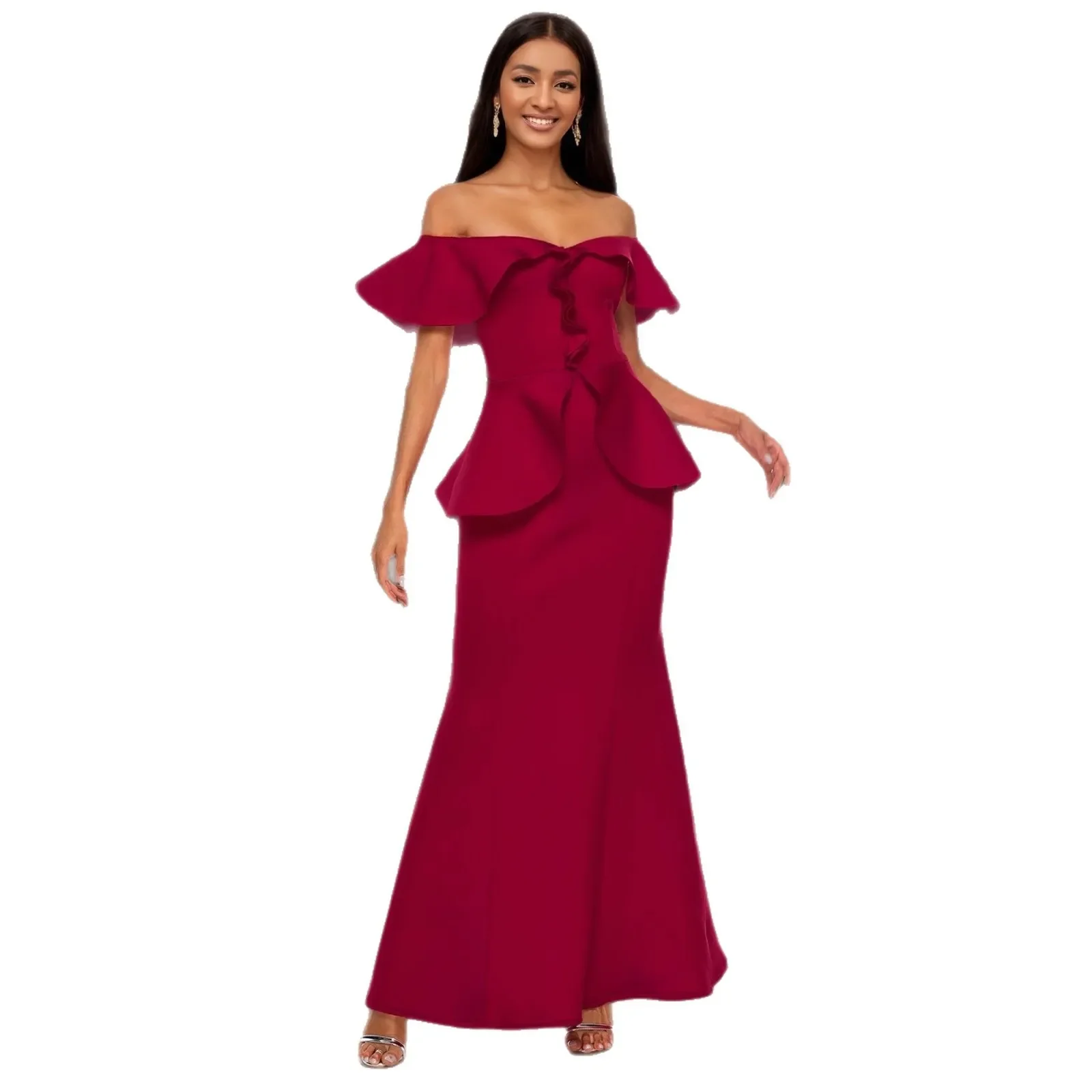 

Elegant Off Shoulder Maxi Dress with Ruffled Peplum Short Sleeves Mermaid Perfect for Evening Galas Proms and Formal Occasions