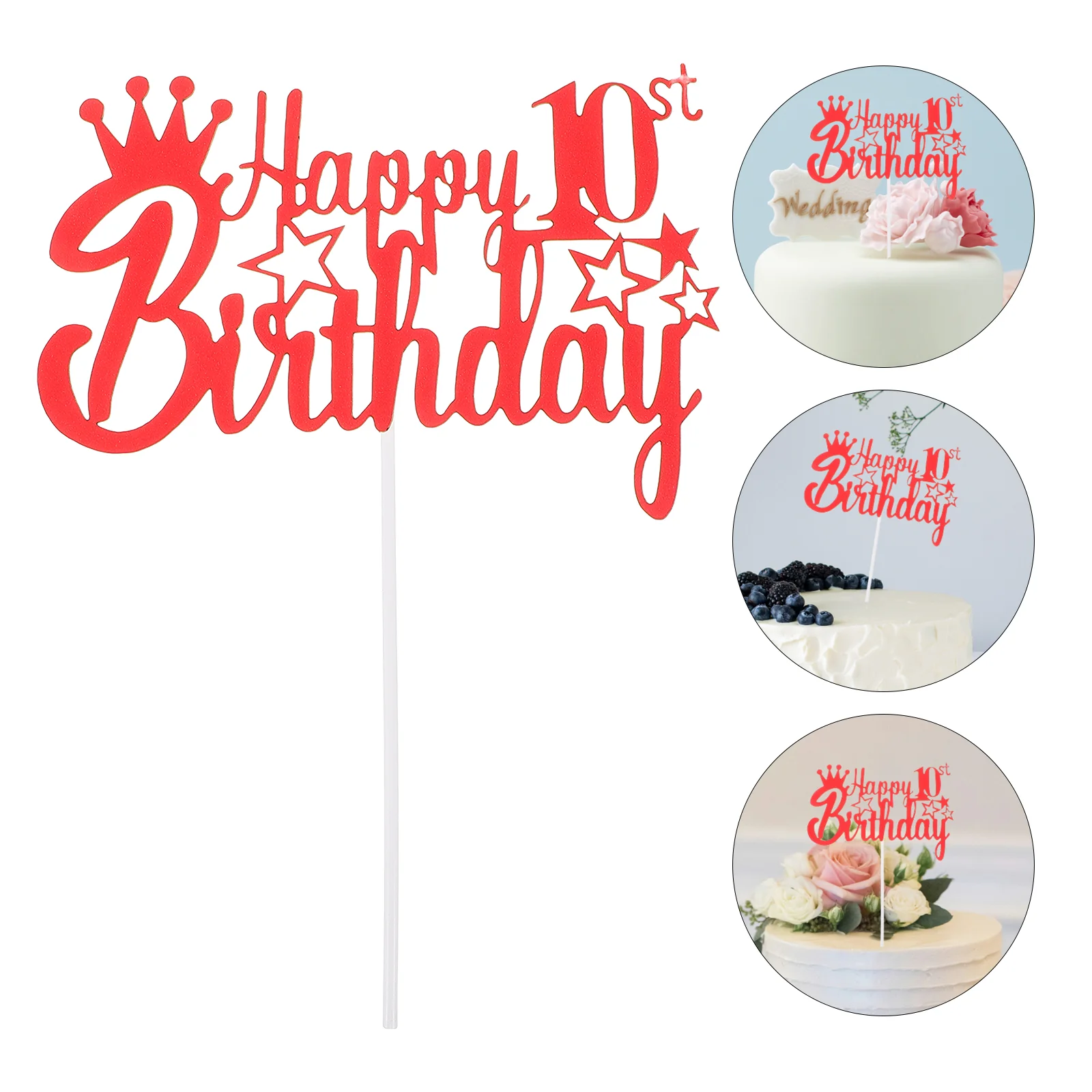 

10 Pcs Birthday Cake Decoration Happy Topper Venue Setting Props Red Wood Decorative Toppers