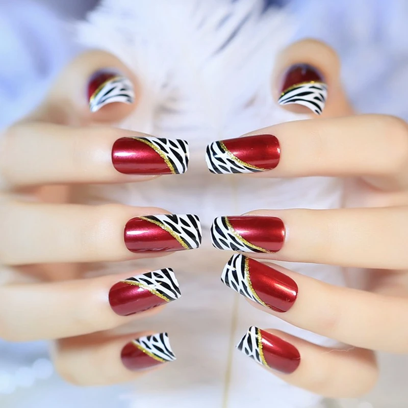 Sexy Rode Wijn Medium Valse Nagels Lady Sexy Luipaard Patroon Kunstnagels Diy Manicure Tool Gemakkelijk Te Gebruiken Met Lijm sticker Z328