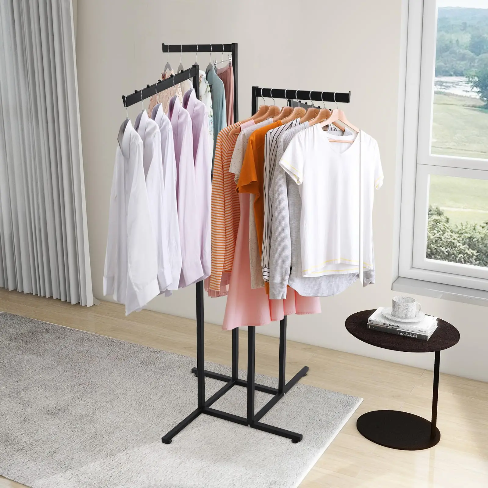 Rack de exibição de roupas, rack de roupas ajustável de 4 vias, prateleiras de roupas de chão com 2 braços retos e 2 braços inclinados para