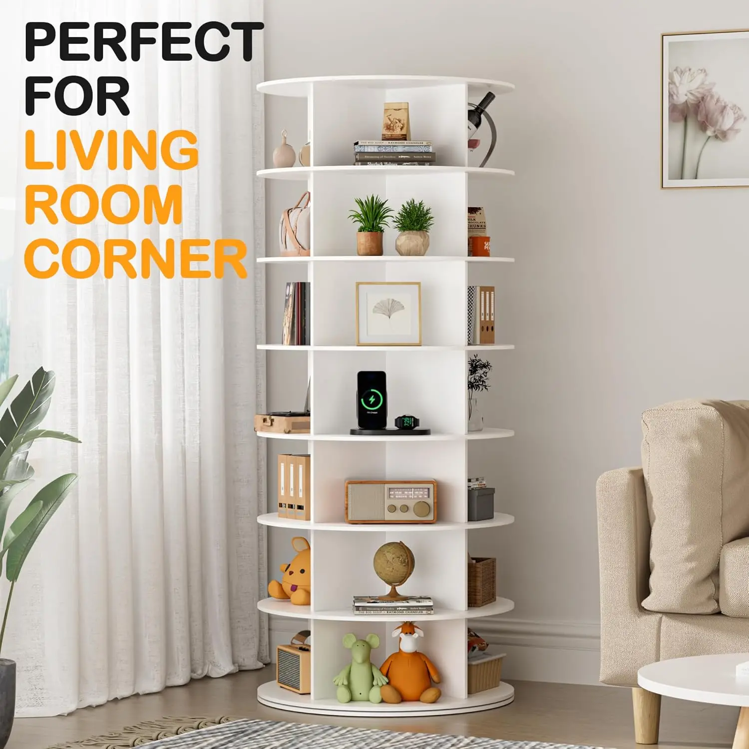 Rotating Shoe Rack Tower 7 Tier Organizer, Vertical Spinning Shoe Display Lazy Susan, Revolving 360 White Shoe Rack Storage image 4