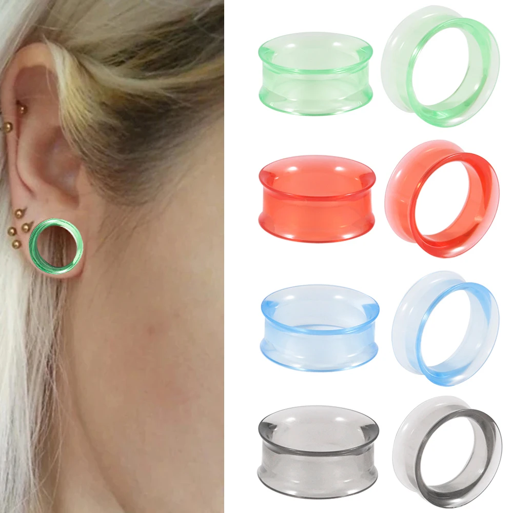 Dreamlee 2Pcs UV Acrylic Transparent Ear Flesh Tunnel Threadless Double Flare Hollow Plug Gauge Expander Stretchers Piercing