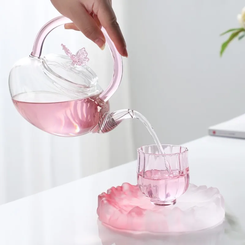 Pink Butterfly High Temperature Tea Pot High Borosilicate Transparent Glass Beam Pot Electric Clay Stove Tea Kettle Tea Cup