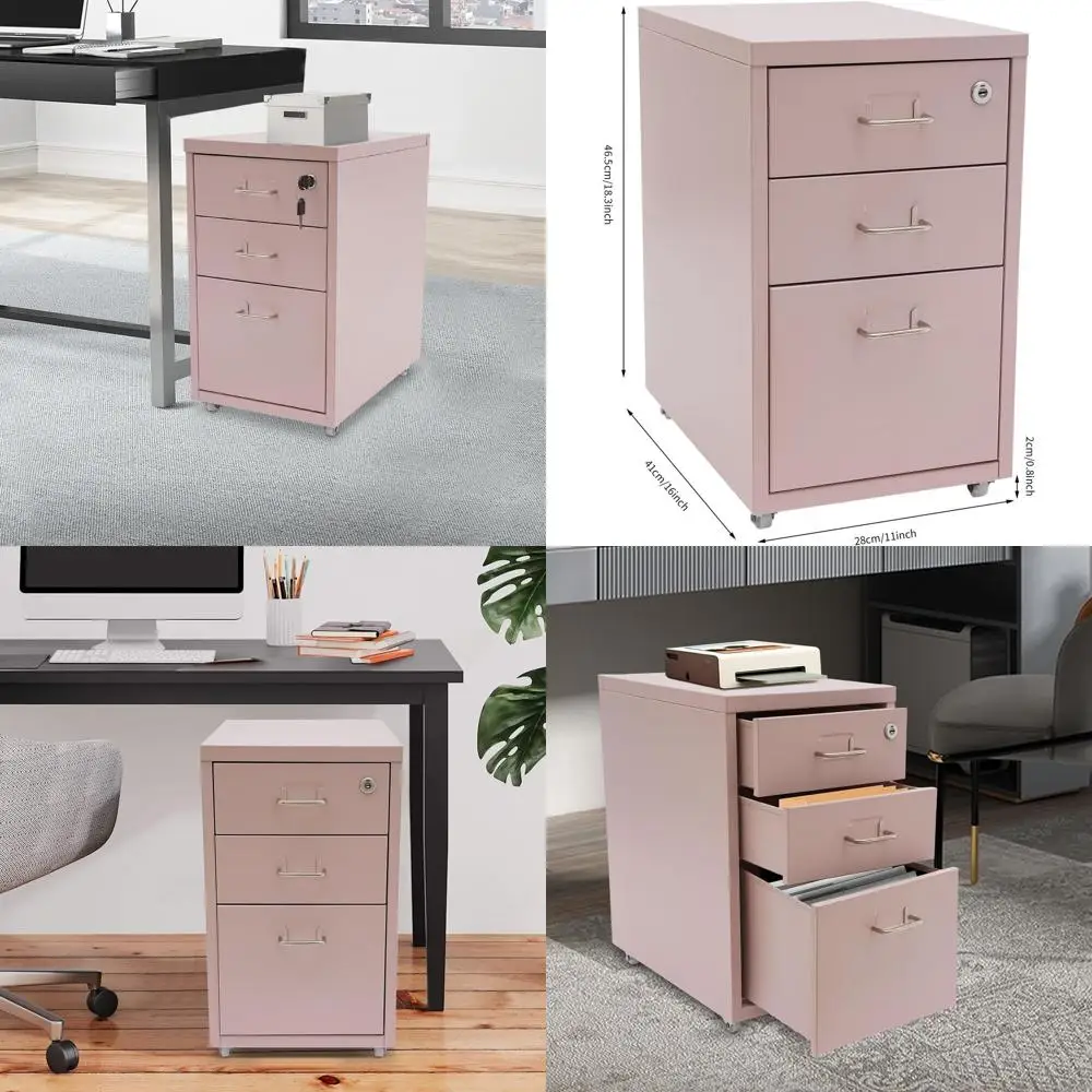 

Pink 3-Drawer Mobile Vertical File Cabinet with Lock and Wheels, Suitable for A4, Legal, and Letter Sizes, Ideal for Home Office