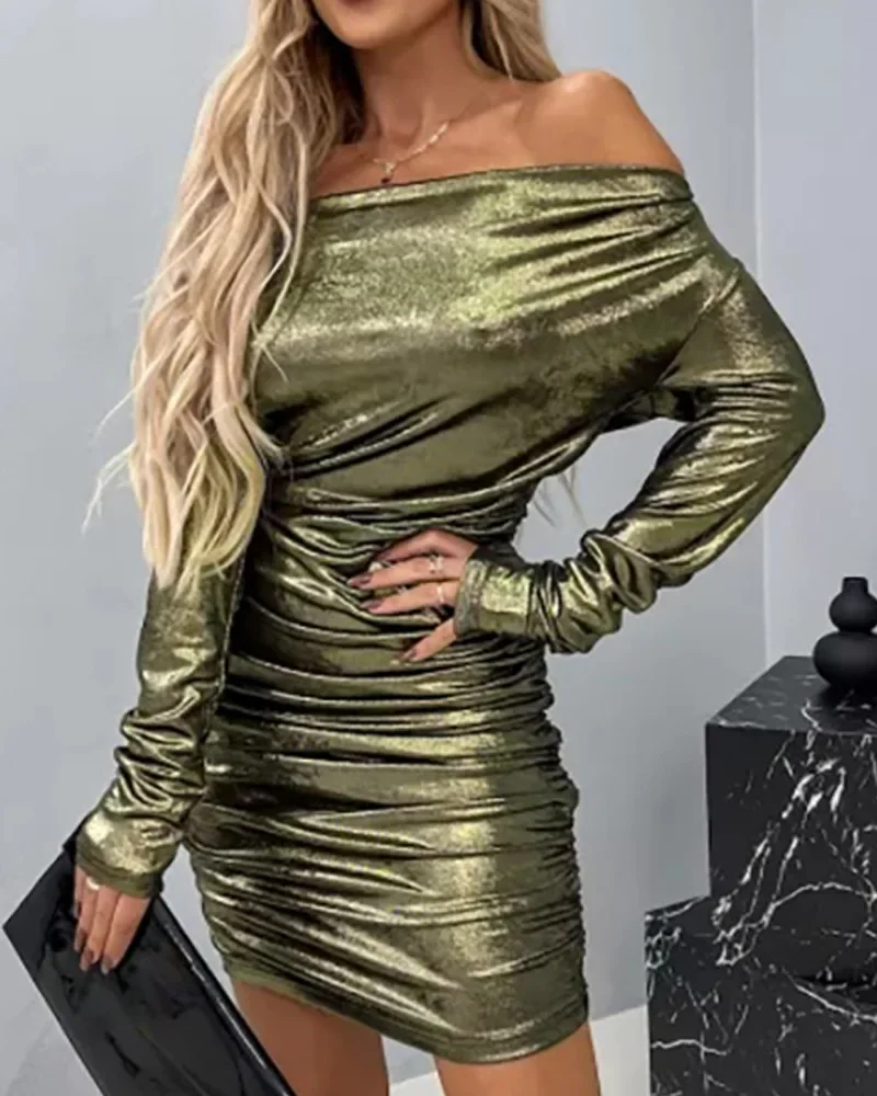 Dresses for Women 2023 Autumn Sexy Off Shoulder Ruched Metallic Party Dress Skinny Pleated Evening Dress