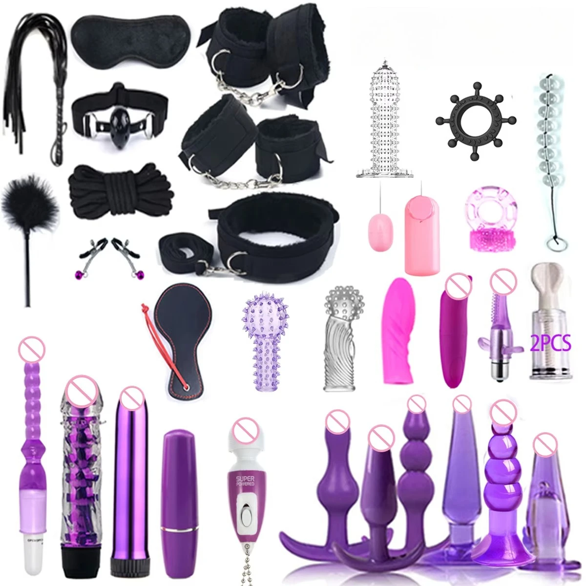 Women Erotic Nylon Bondage BDSM Kit with Handcuffs Sex Whip Mouth Gag Rabbit Tail Anal Plug for Adult Games
