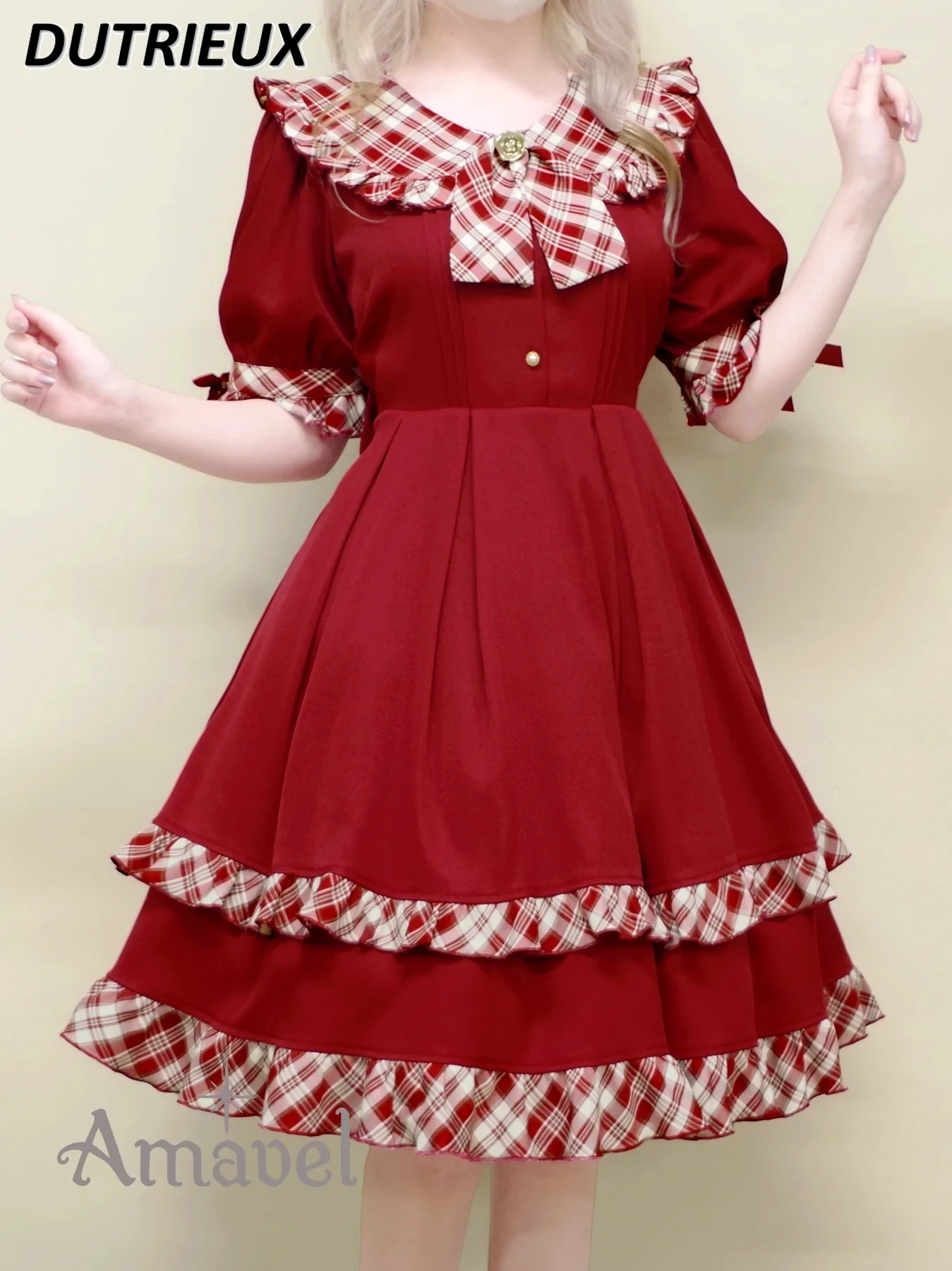 

Japanese Retro Maid Style Peter Pan Collar Short Sleeve Dress Plaid Stitching Bow Big Swing Mid-Length Princess Dresses