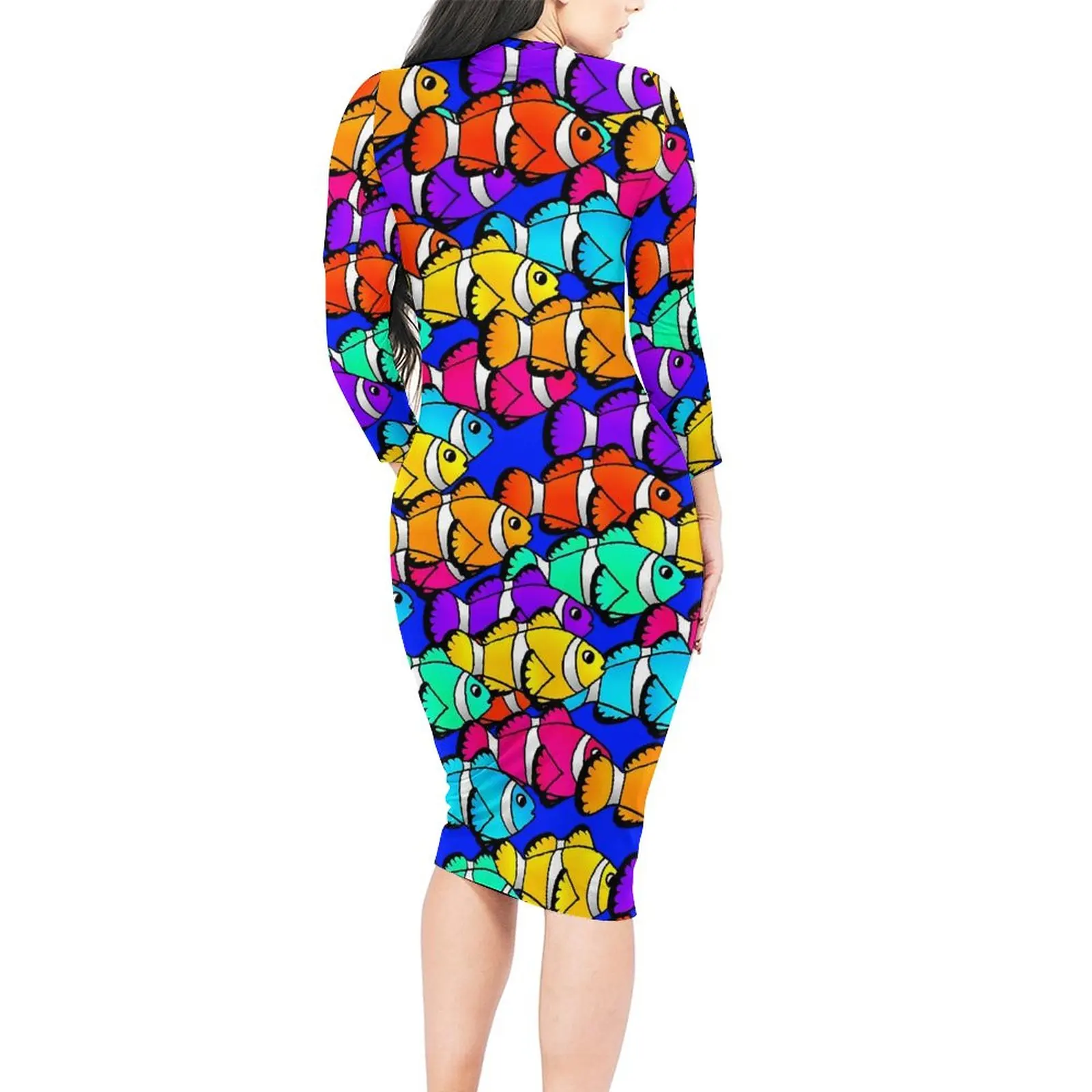 Tropical Marine Dress Long Sleeve Rainbow Clownfish Street Wear Dresses Spring Retro Bodycon Dress Female Oversize Vestidos