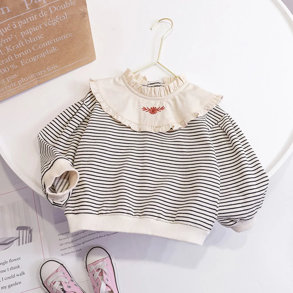 Cute Baby Girls Tops Sweatshirt Love Pattern Ruffles Long Sleeve O-Neck Pullover Kids Shirts Casual Loose Hoody Children Clothes