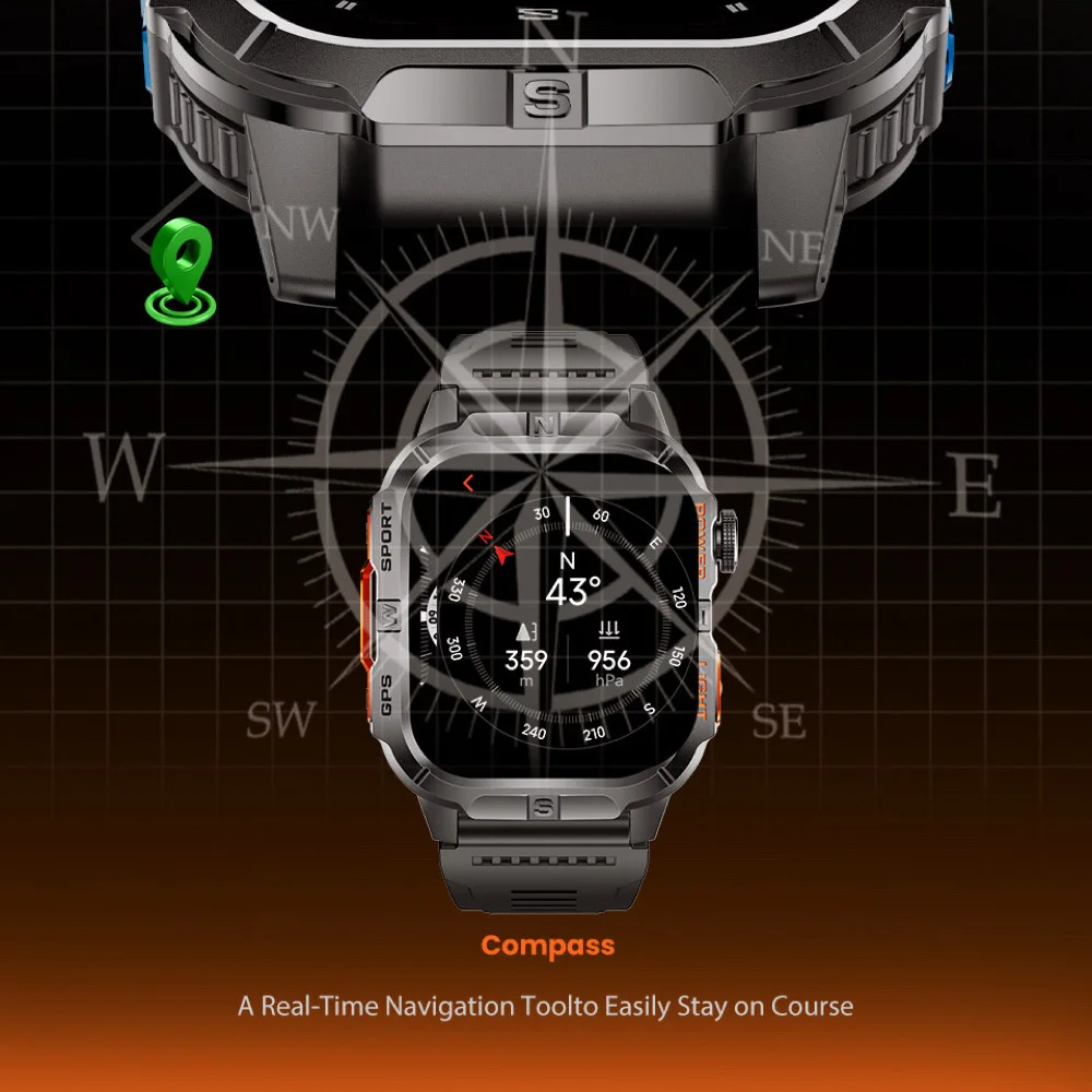 

Durable Men Smart Watch Compass Heart Rate Health Blue Tooth Call Sports GPS Smartwatch IP68 Waterproof Flashlight Music 540mah