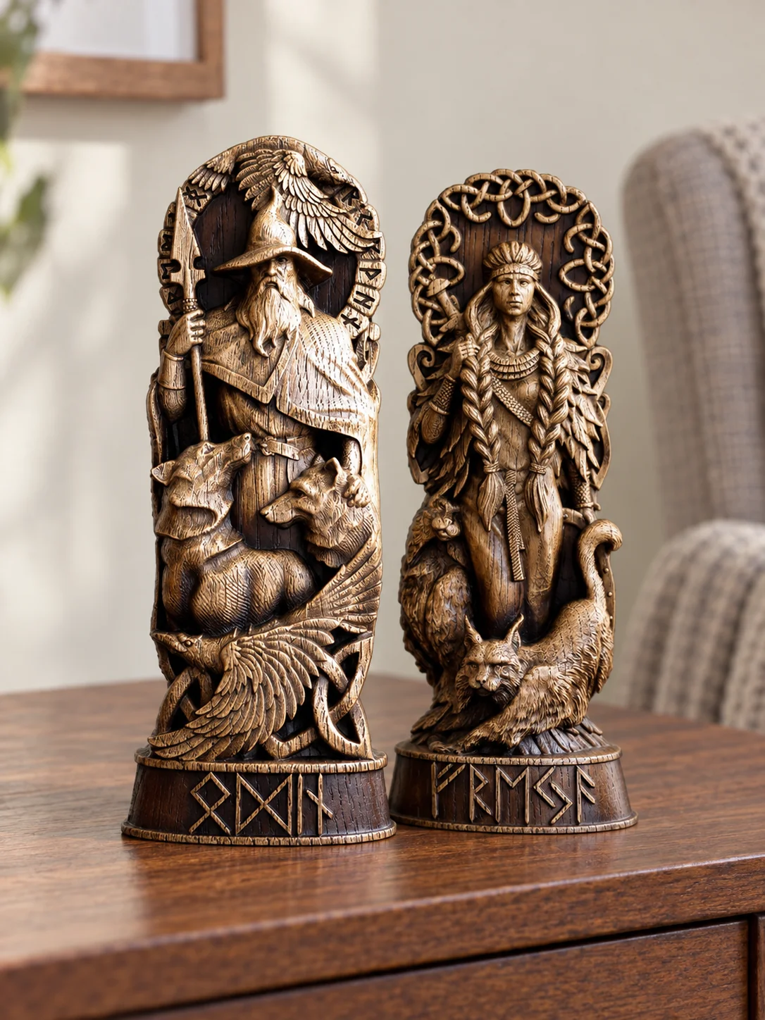 Nordic Mythology Odin Freyja Figure Statue Vintage Style Decorative Sculpture Desktop Shelf Ornament for Home Office Decor Gift