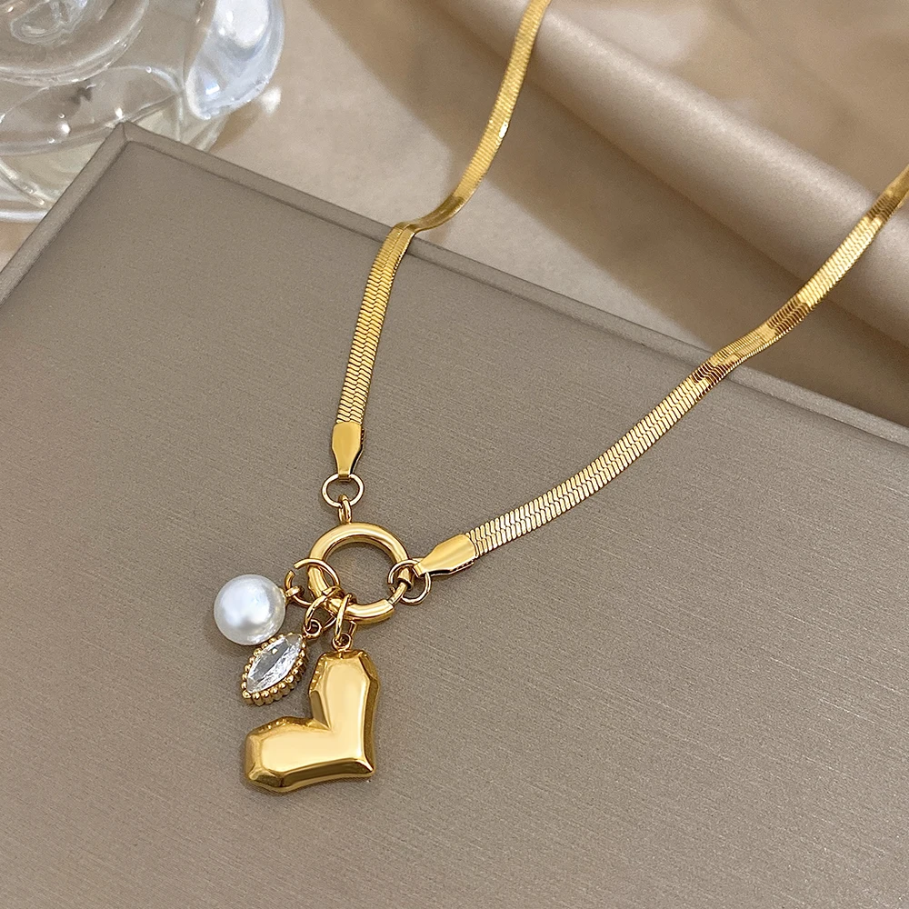 

DODOHAO Love Heart Pearl Pendant Necklaces For Women Elegant Gold Color Necklaces Snake Chain Stainess Steel Fashion Jewelry
