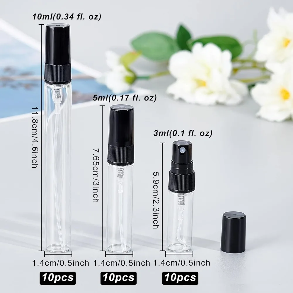 30PCS 3ml/5ml/10ml Mini Fine Mist Glass Spray Bottle Clear Glass Travel Empty Atomiser（Black Cap) with 2PCS Funnel and 4PCS 2ml