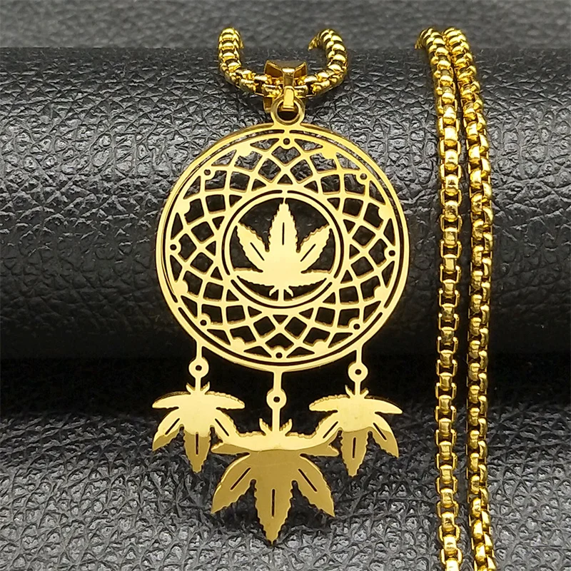 Maple Leaves Dreamcatcher Necklace For Women Men Stainless Steel Gold Color Indian Help Sleep Chain Jewelry Amulet collar verano