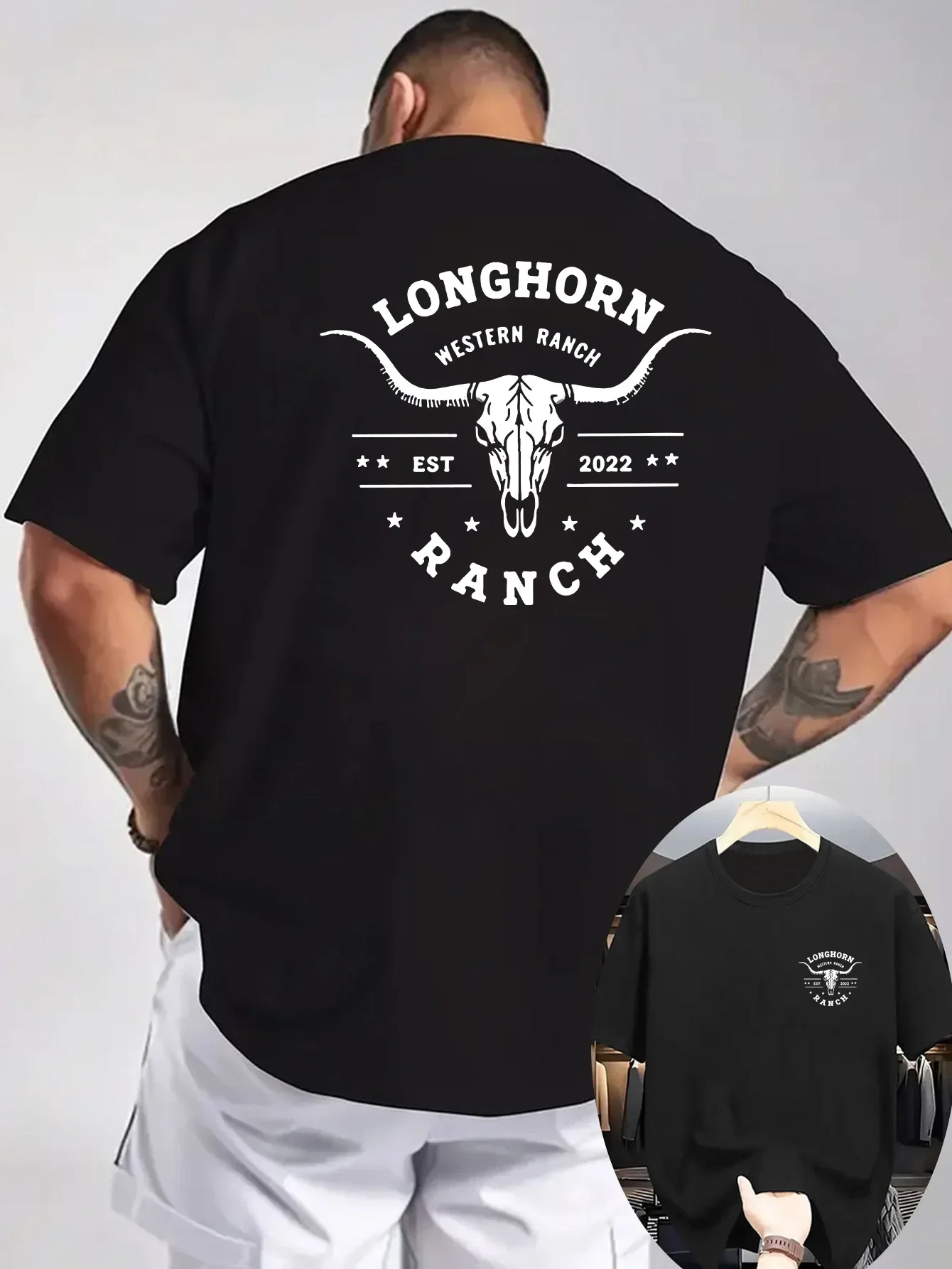 Men's Casual Crew Neck T-shirt Featuring a Western Longhorn Bull Skull 