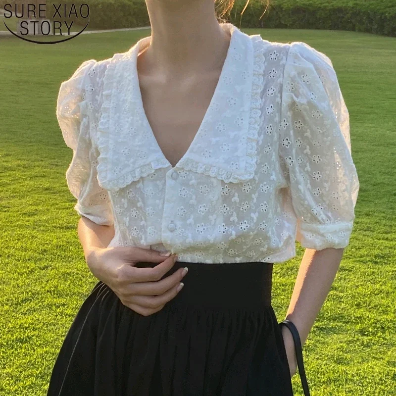 White Lace Blouse 2024 Sweet Chic Puff Short Sleeve Women Shirt Summer Hollow Flower Korean Peter Pan Collar Loose Tops 13919