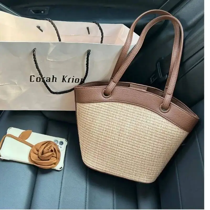 Bloom Vacation Woven Handbag Women Vintage Straw Bucket Bagutte Bag Purse Female Sea Holiday Summer Shoulder Bags 2025