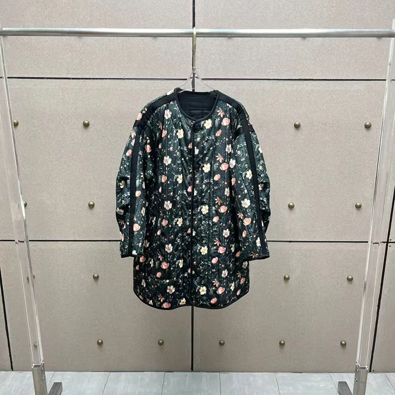 Women's Fleece-Lined Printed Oversized Jacket Reversible Long-Sleeve Crew Neck Long Coat Casual Quilted Top for Warmth 2025 New