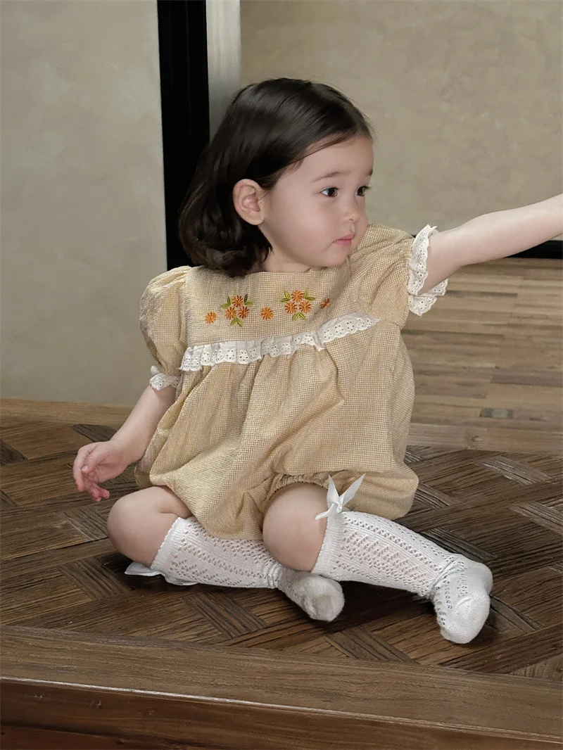 2024 Summer New Baby Short Sleeve Bodysuit Infant Girl Cute Floral Embroidery Princess Jumpsuit Newborn Toddle Clothes 0-24M