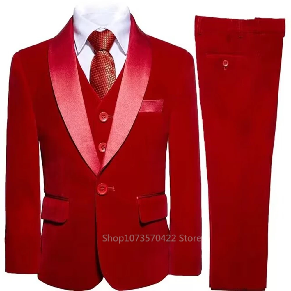 

Красный бархатный умный повседневный костюм для мальчика, детский формальный смокинг, куртка, жилет, брюки, комплект одежды из трех предметов с обручальным кольцом, медведем, фортепиано, детский комплект одежды