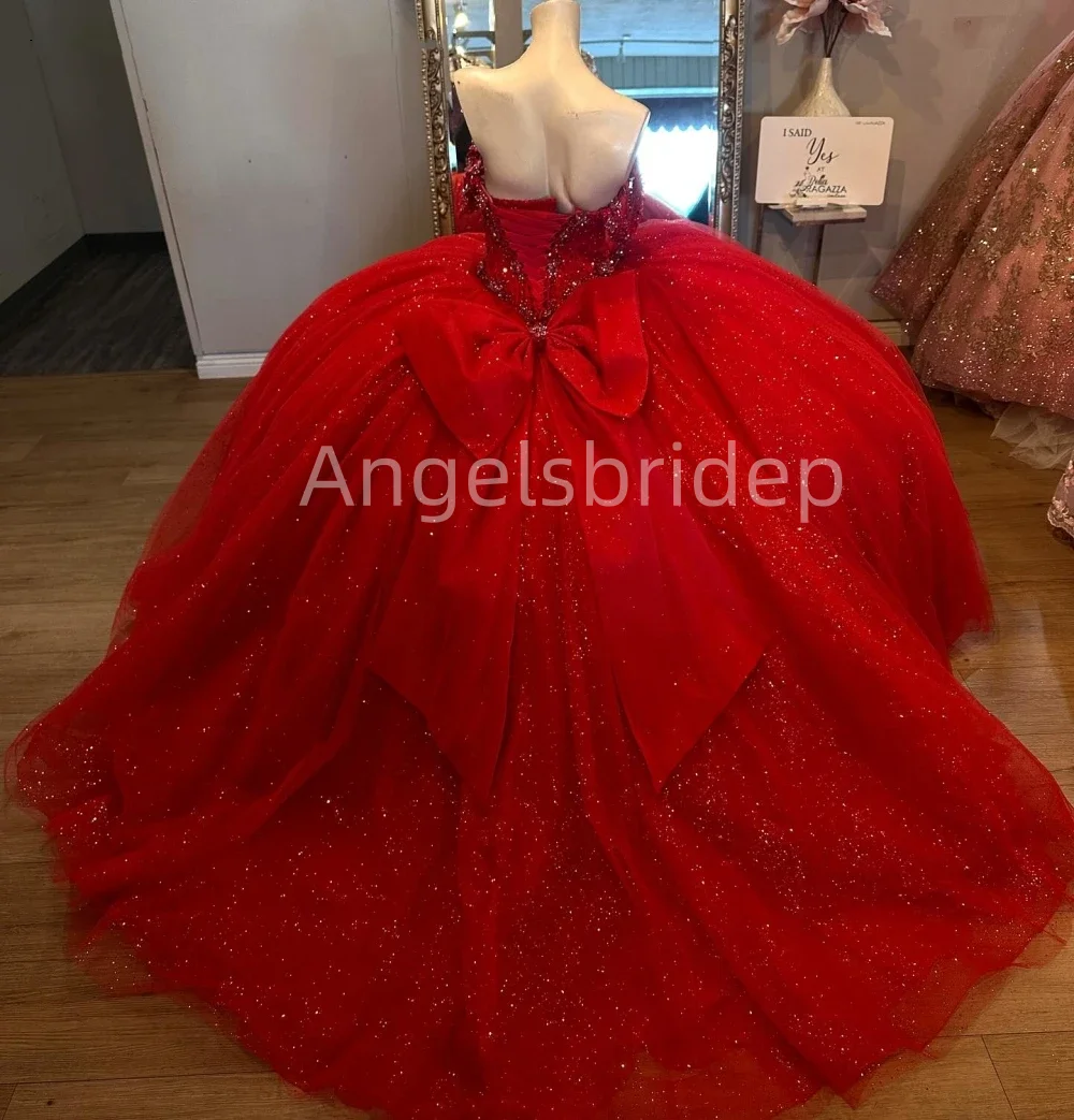 Angelsbride Customized Charming Red Quinnceanera Dress Ball Gown Glitter Sequins Beading Crystal Sweet 16 Vestidos De 15 Anos