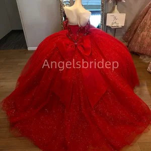 Angelbride Personalisierte charmante rote Quinnceanera Kleider Ball Kleid Glitz 12 Hauptverkaufskleider 15 Jahre rot - №11