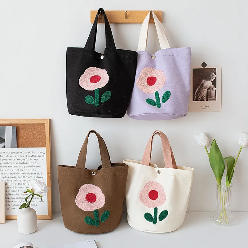 Bolso de mano de lona con flores de felpa bordadas para mujer, bolsos de compras de gran capacidad, lonchera, bolso de mano para estudiantes