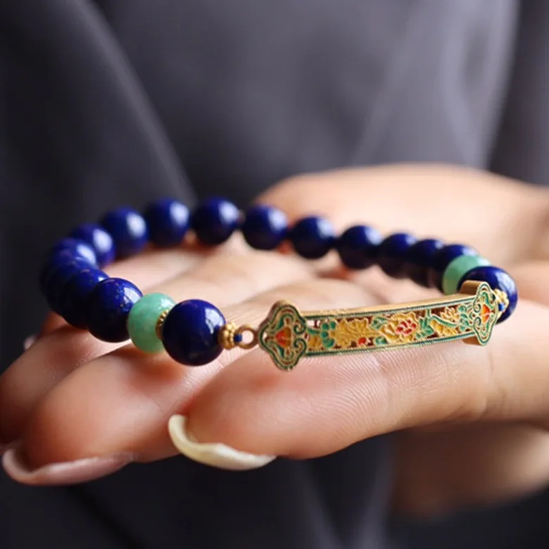 

8mm Royal Blue Lapis Lazuli Bracelet, Natural Gemstone Beads with Gold Flakes, Chinese Style Adjustable Spiritual Jewelry