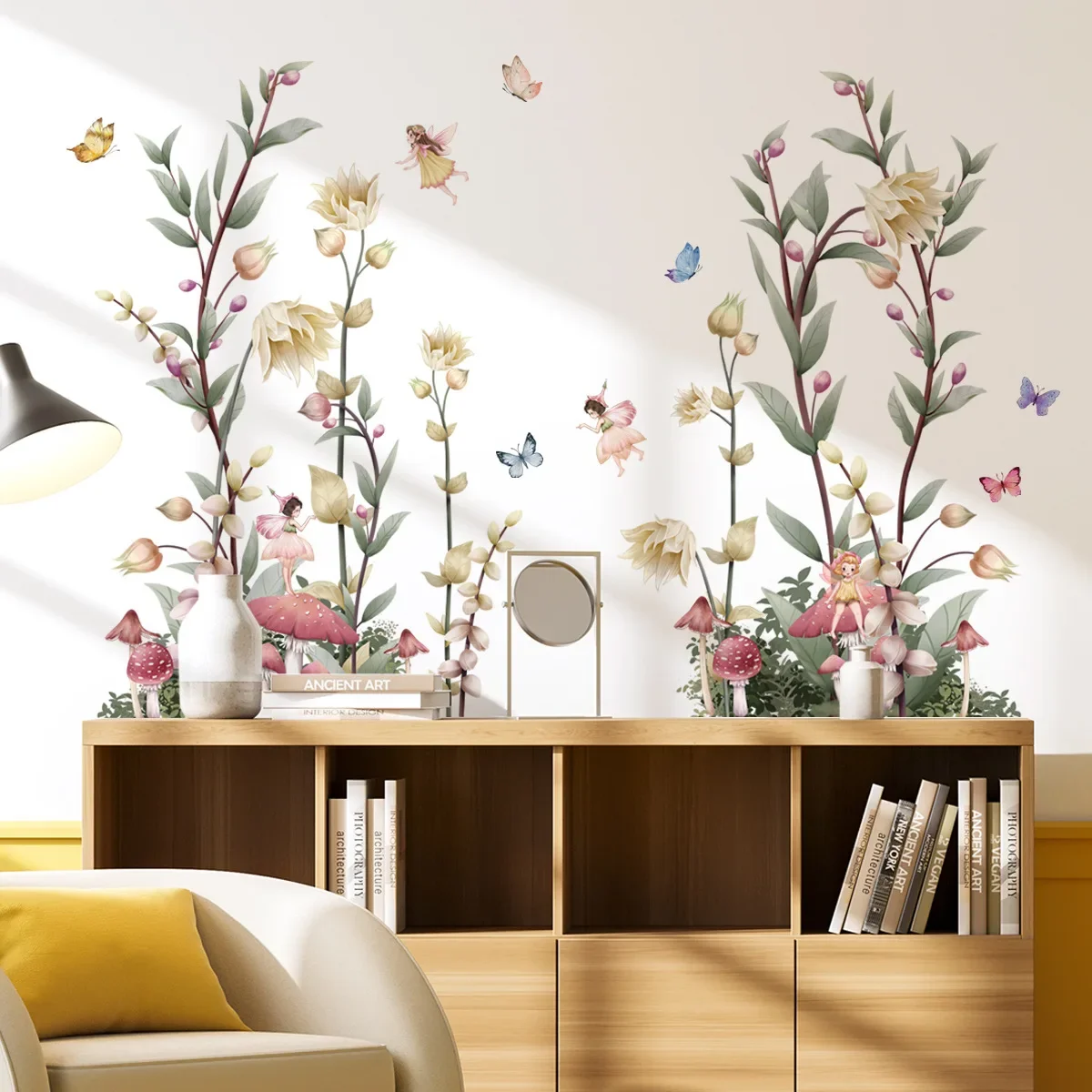 Flowers Wall Decals Butterflys Botanical Wall Stickers Fairy Decals PVC Removable Wall Art Decals for Girls Bedroom