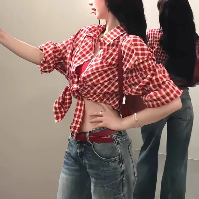 

Women Red Retro Plaid Short Sleeve Blouse Casual Loose Summer Fashion Shirt Tops