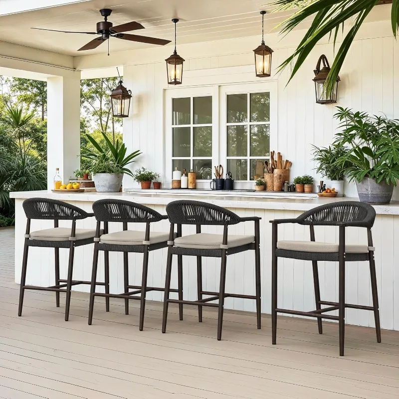 

Набор из 4 шт., 24,8-дюймовый алюминиевый барный стул для улицы со съемной подушкой, барные стулья из ротанга в стиле бохо, барный чай из плетеной веревки Olefin