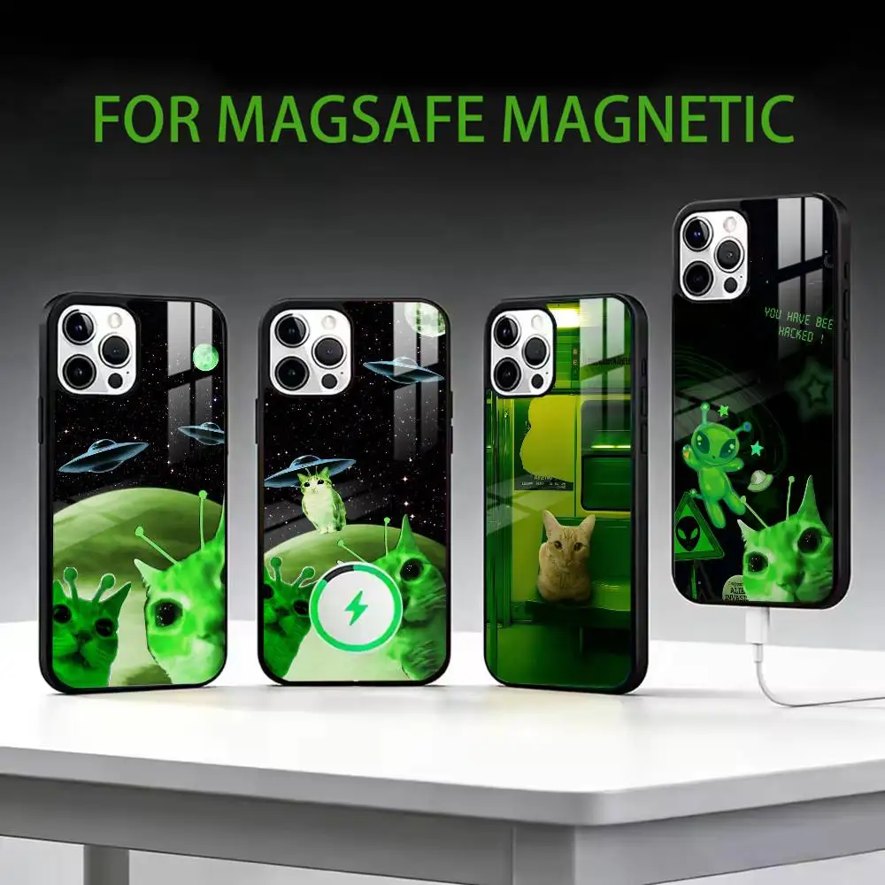 

g-Green alien cat cute Phone Case For iPhone17,16,15,14,13,12,11 Plus,Pro Max Magnetic For Magsafe Wireless Charging