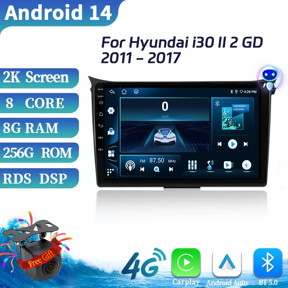 Для Hyundai i30 II 2 GD 2011-2017 Android 14 Автомобильный радиоприемник Мультимедийный видеоплеер BT CarPlay Навигация 4G GPS Стерео Сенсорный экран