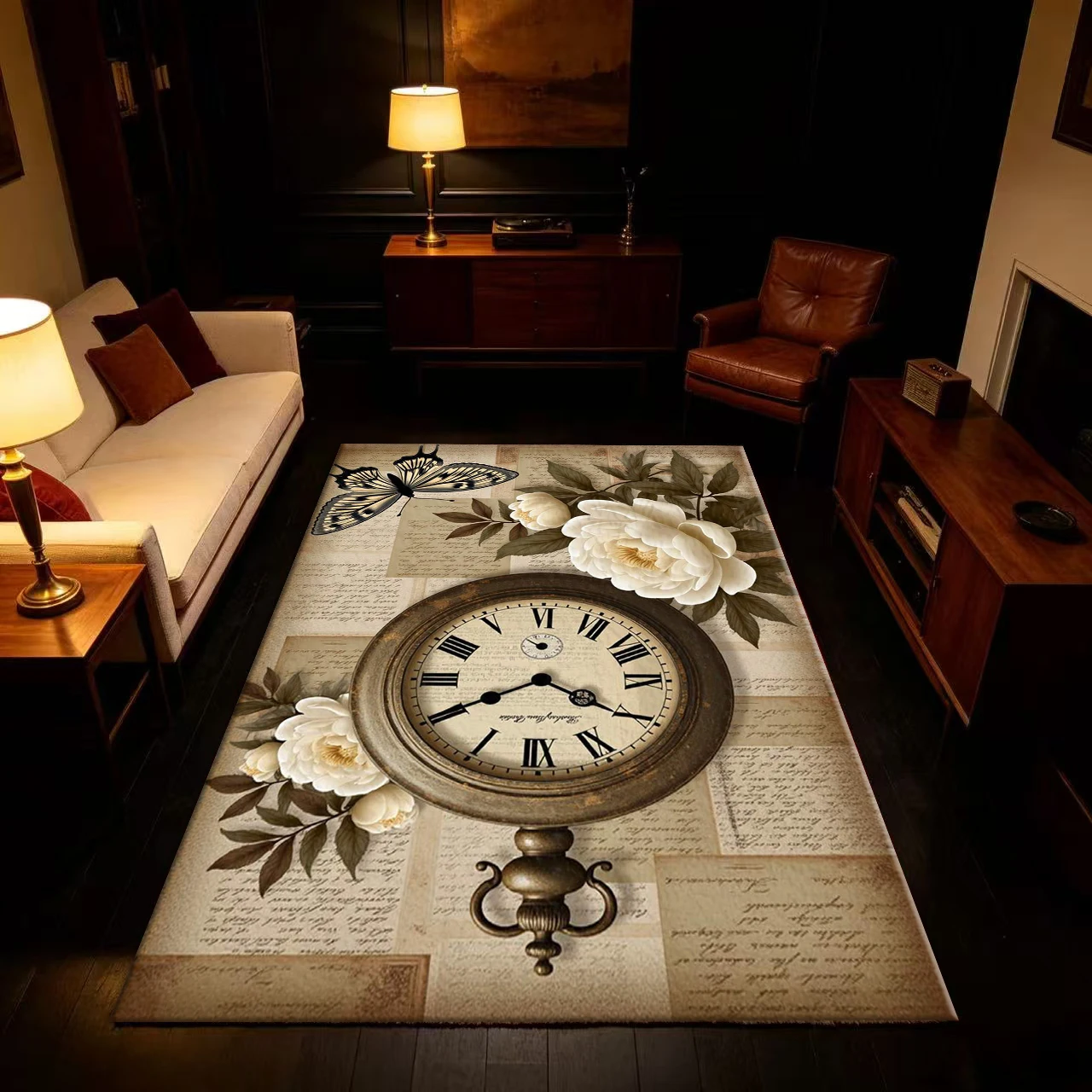 Vintage Antique Clock, Peony, and Butterfly Carpet, Nostalgic Retro Print Carpet Suitable for Study Room
